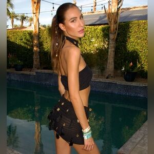 Black Two-Piece Knit Mini Skirt Festival Set